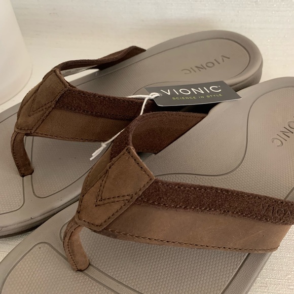 New Vionic Dennis Brown Leather Orthotic Flip Flop Sandals Men’s 8 - Picture 8 of 16